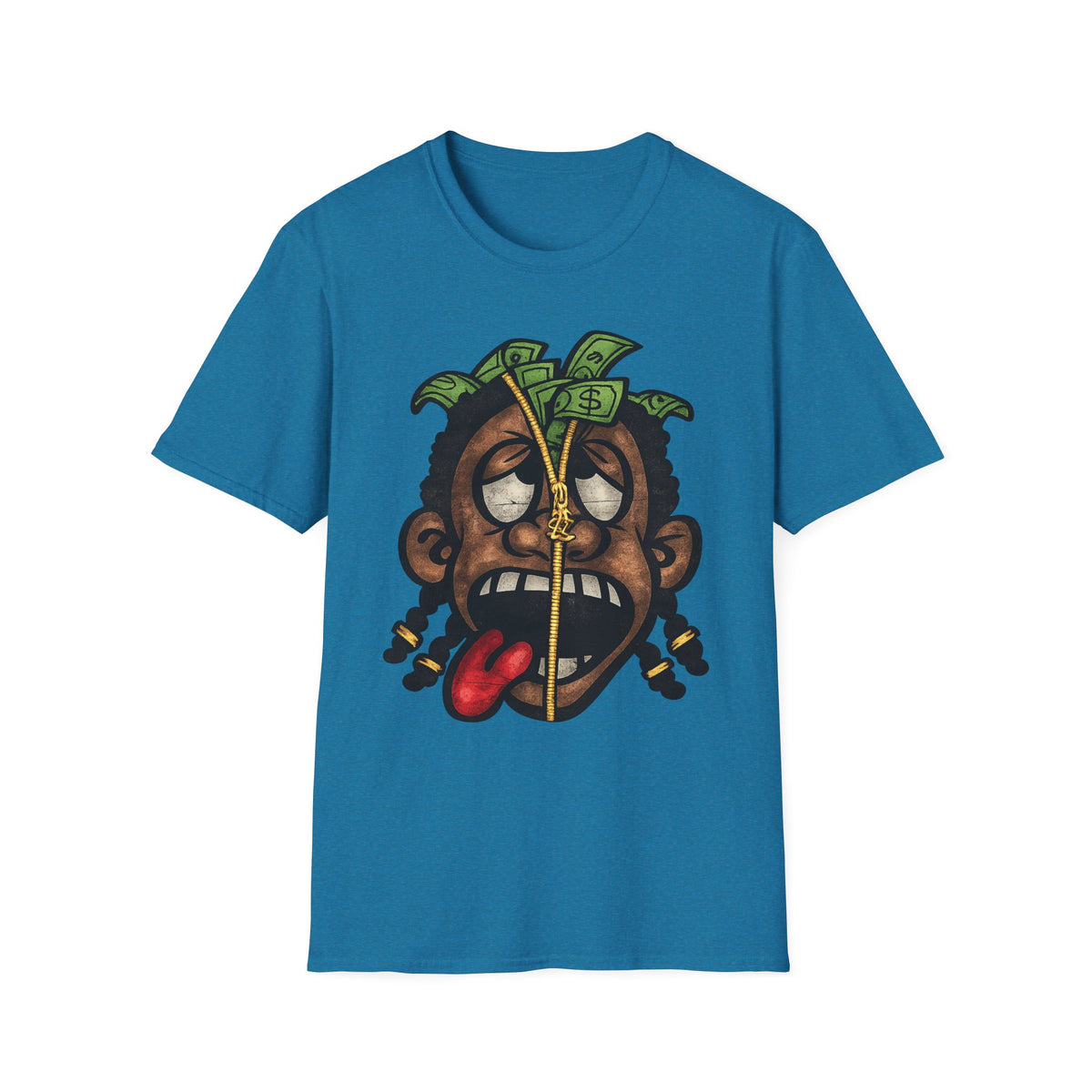 Money Face Graphic T-Shirt | Cartoon Head with Cash and Necklace