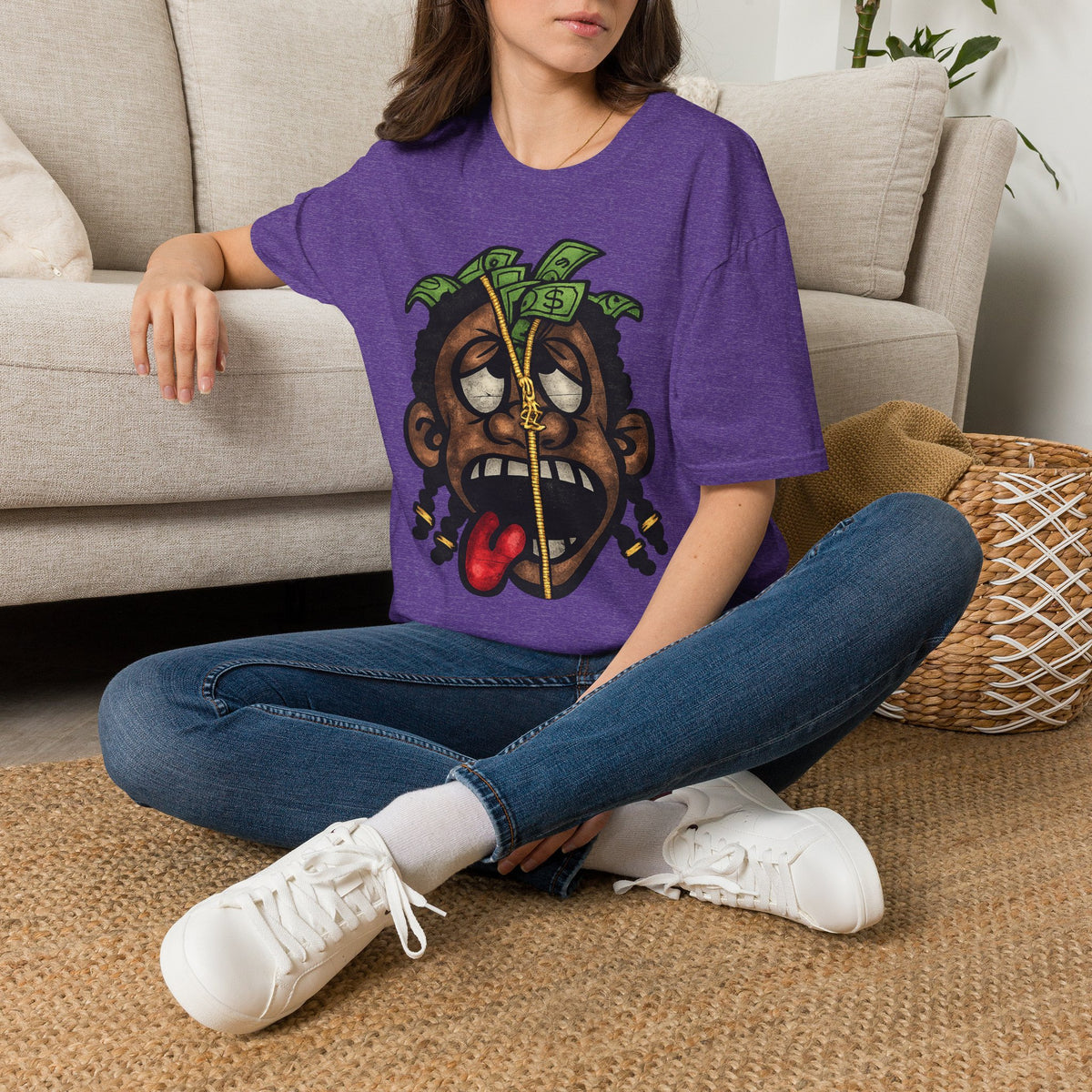 Money Face Graphic T-Shirt | Cartoon Head with Cash and Necklace