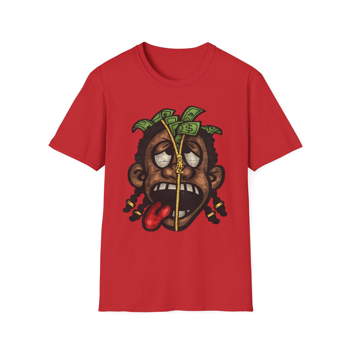 Money Face Graphic T-Shirt | Cartoon Head with Cash and Necklace